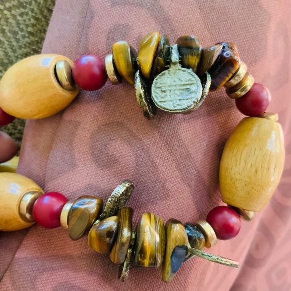 Handmade Vintage NECKLACE ⭐️GENUINE TIGERS EYE /NATURAL WOOD/COIN BEADS -NEW - Picture 4 of 5